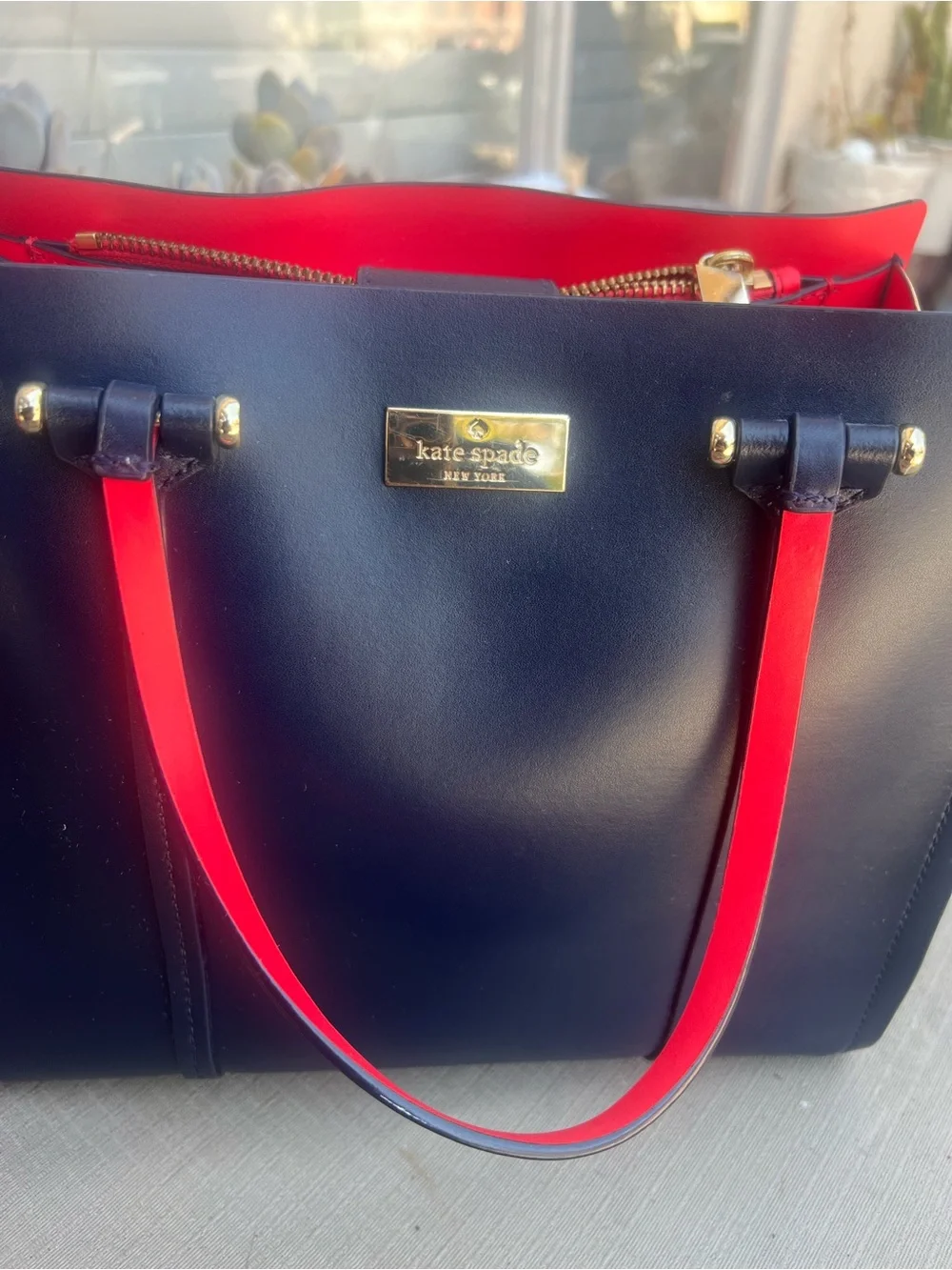 kate spade Navy tote with Pink handles and strap